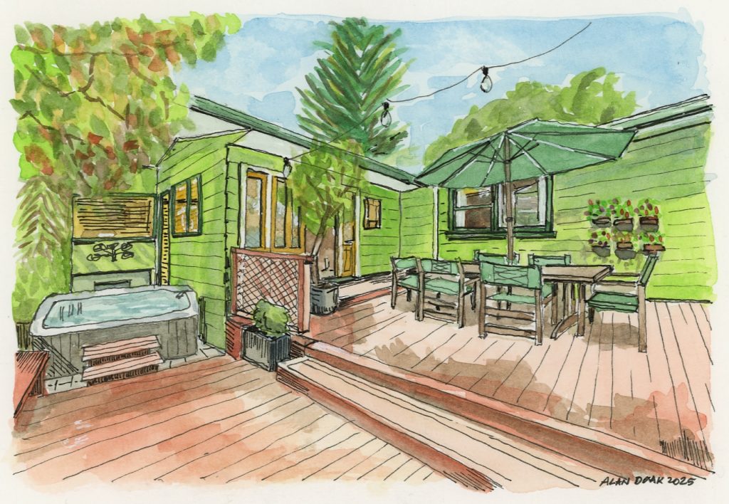 Illustration of back deck on modest house in Birkenhead, Auckland.