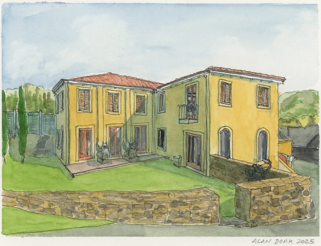 An Italianate-mansion in Karori, Wellington, with brick wall, and statues at doorway.