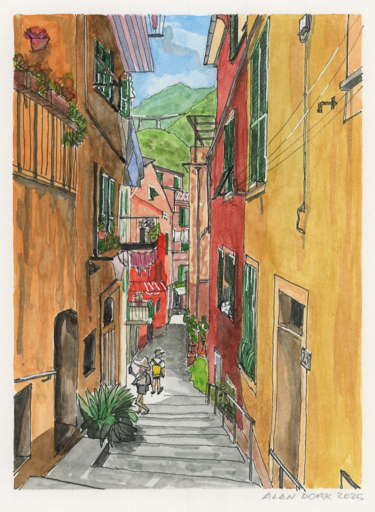 Illustration of alley-way in Monterosso al Mare, Italy, part of the Cinque Terre towns on the coast.